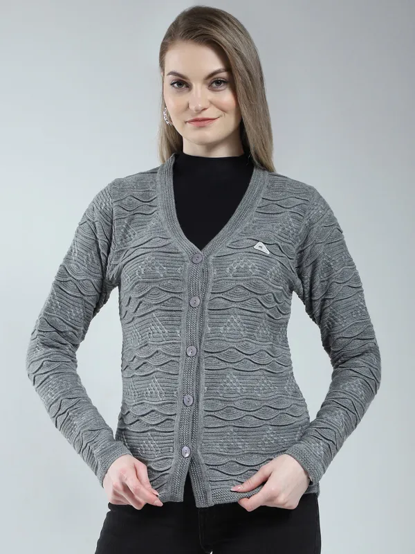 Women Grey Self Design V Neck Full Sleeve Cardigan sold by Monte Carlo