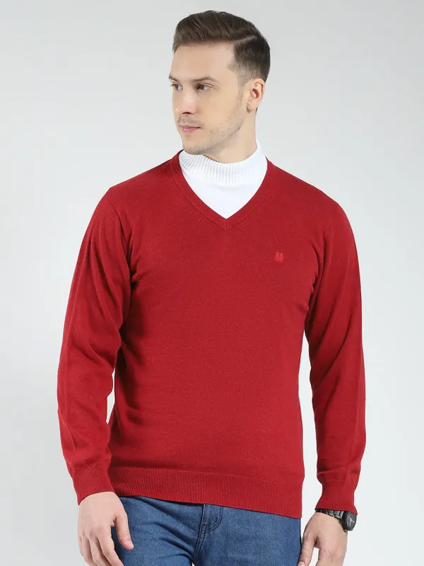 Men Maroon Solid V Neck Full Sleeve Pullover made by Monte Carlo