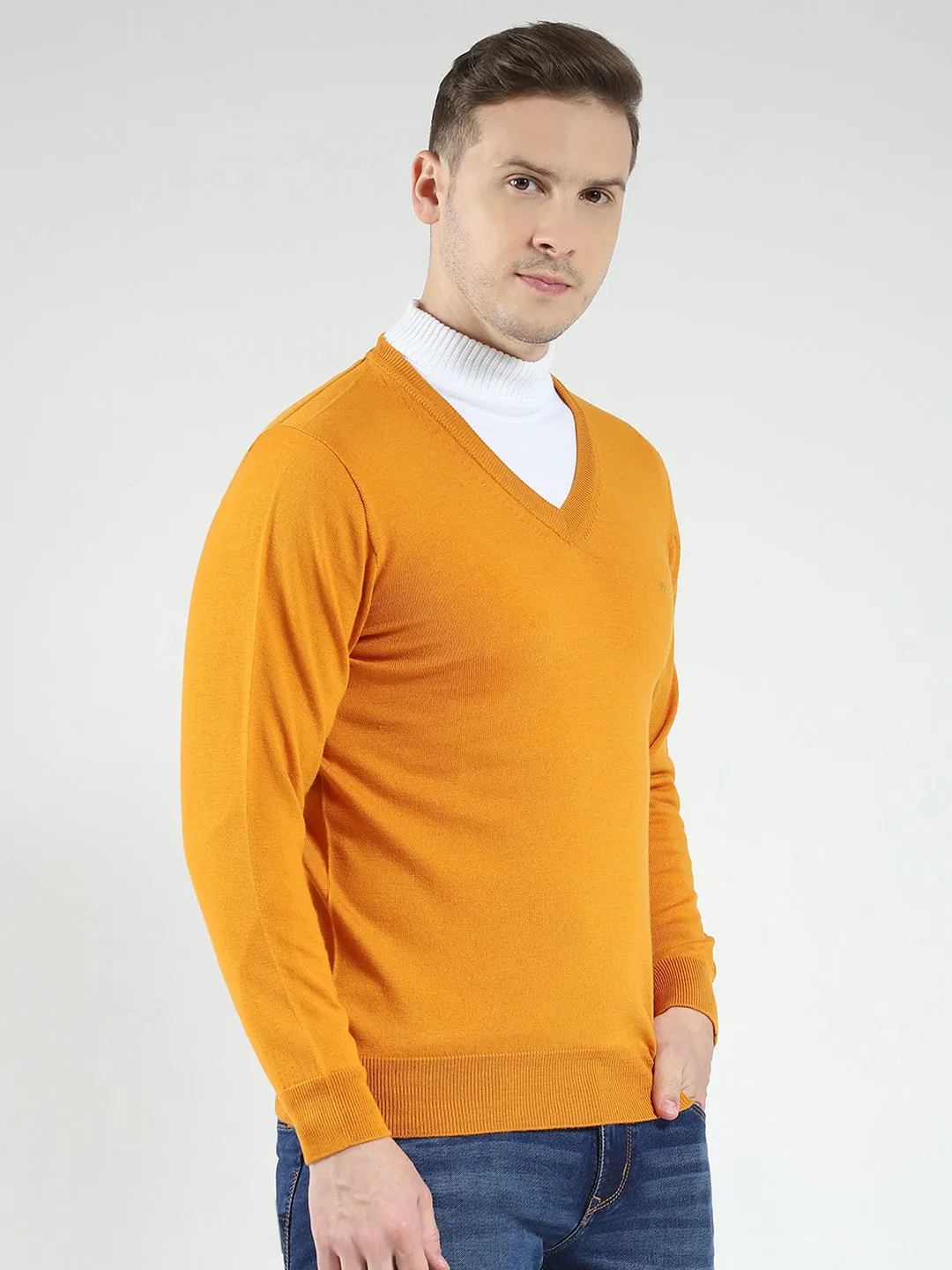 Men Yellow Solid V Neck Full Sleeve Pullover sold by Monte Carlo product image thumbnail 4