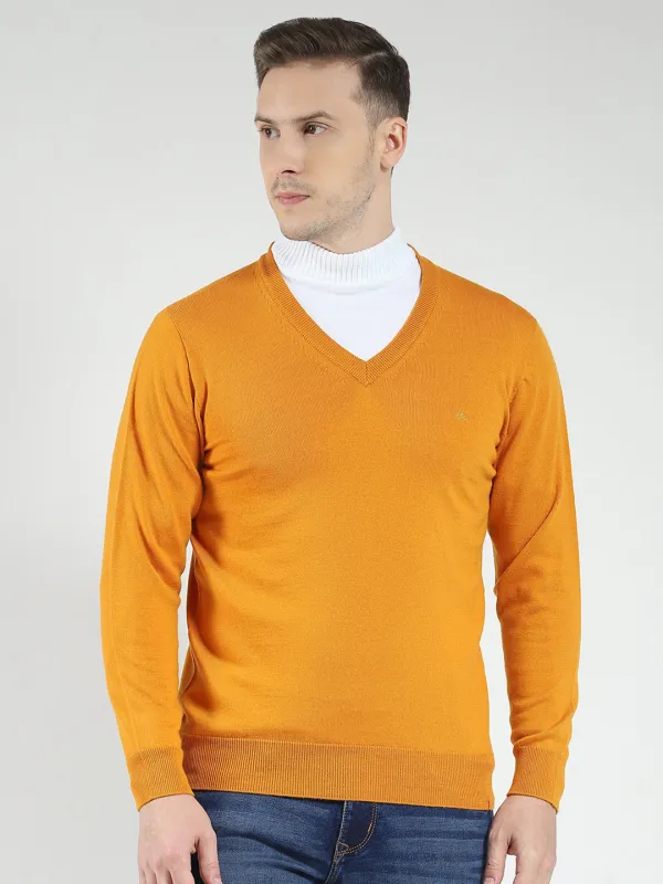 Men Yellow Solid V Neck Full Sleeve Pullover made by Monte Carlo