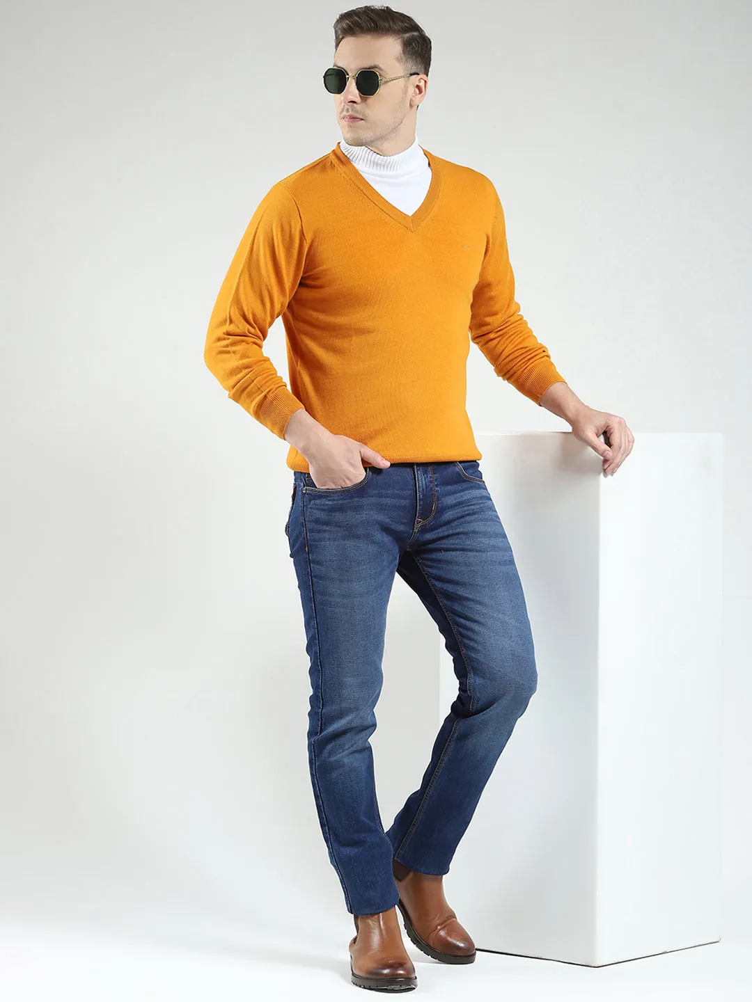 Men Yellow Solid V Neck Full Sleeve Pullover sold by Monte Carlo product image thumbnail 2