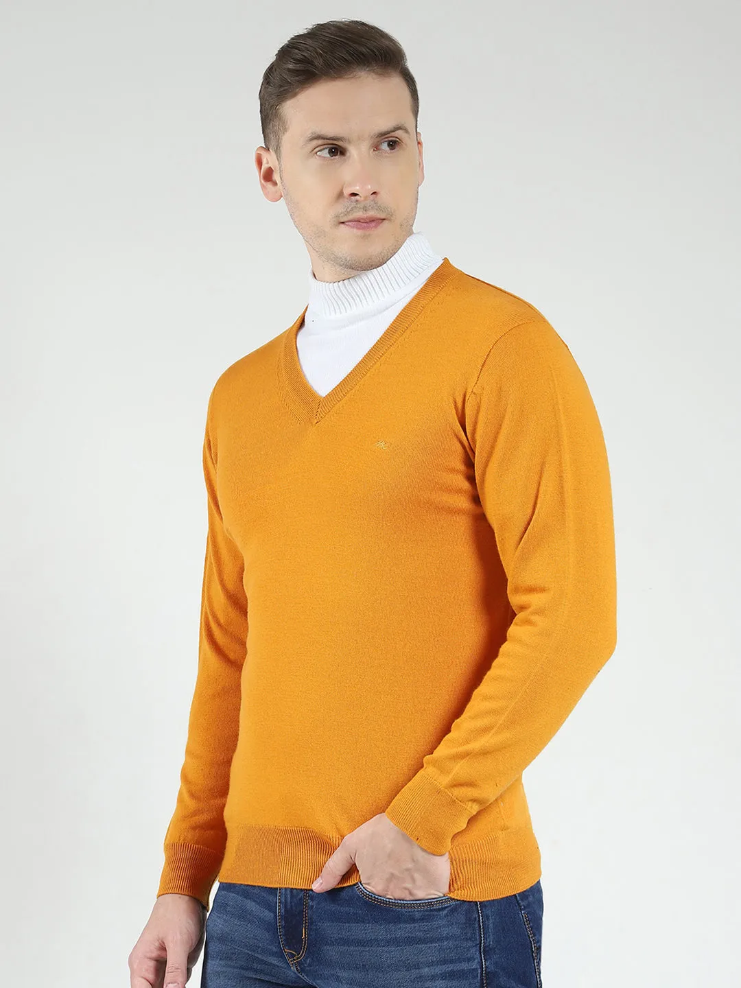 Men Yellow Solid V Neck Full Sleeve Pullover sold by Monte Carlo product image thumbnail 3