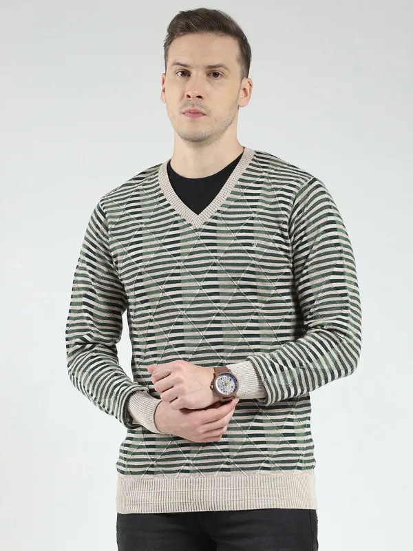 Luxuria Men Green Stripe V Neck Full Sleeve Pullover sold by Monte Carlo