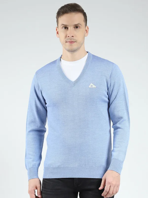 Men Blue Solid V Neck Full Sleeve Pullover made by Monte Carlo
