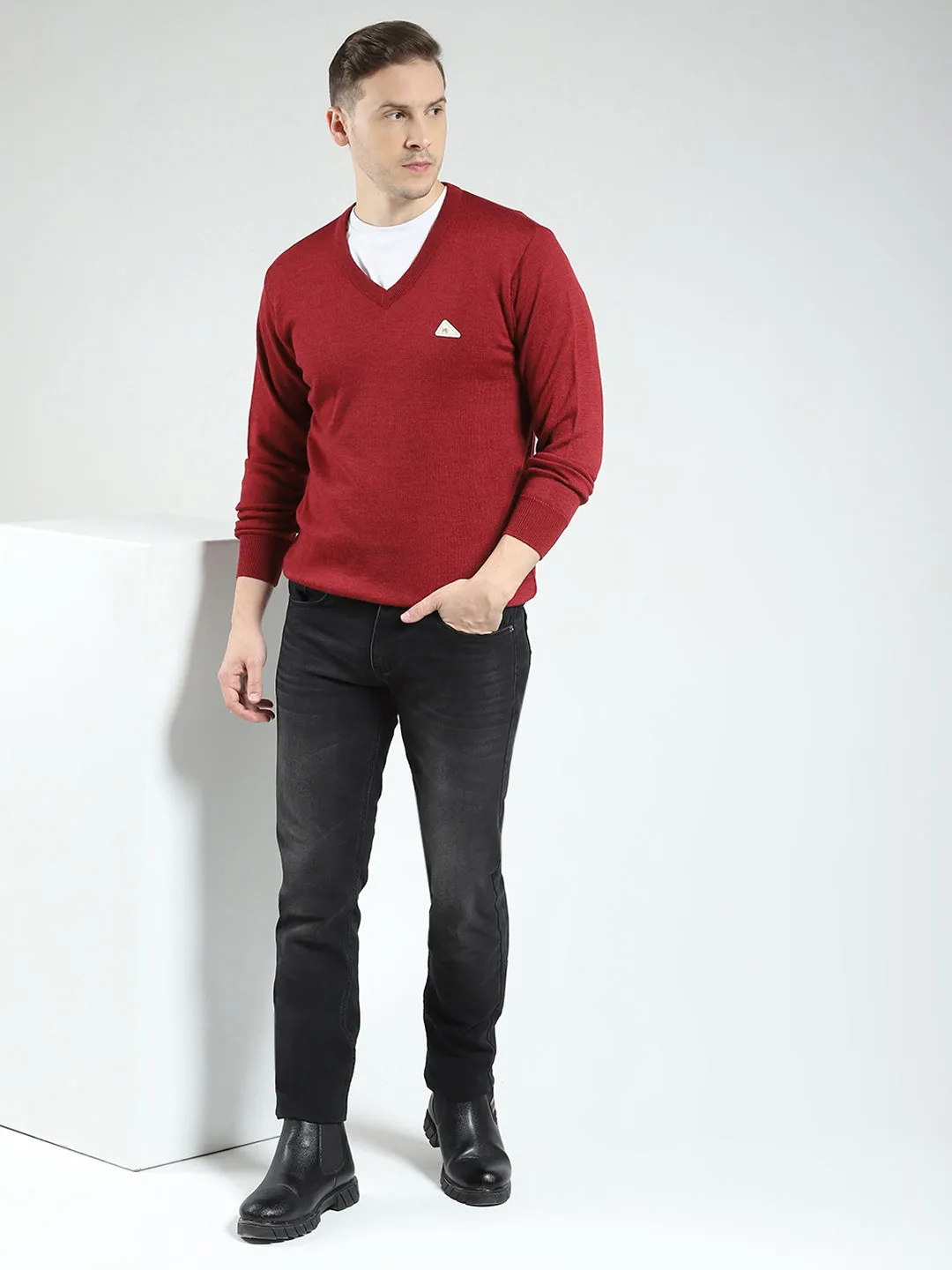 Men Maroon Solid V Neck Full Sleeve Pullover sold by Monte Carlo product image thumbnail 2