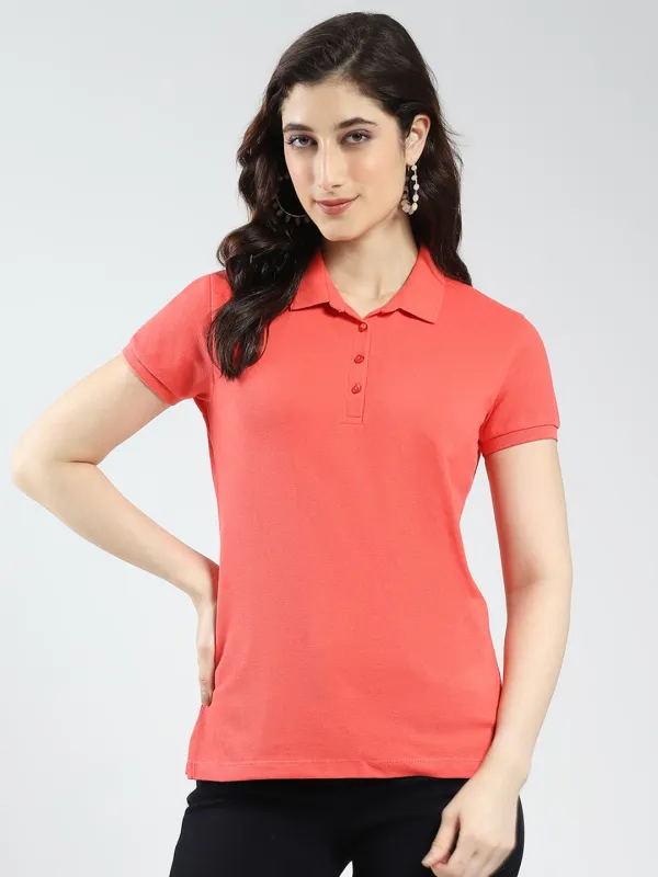 Women Coral Solid Collar Half Sleeve T-Shirt sold by Monte Carlo
