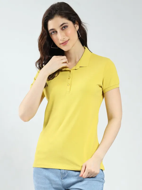 Women Mustard Solid Collar Half Sleeve T-Shirt sold by Monte Carlo