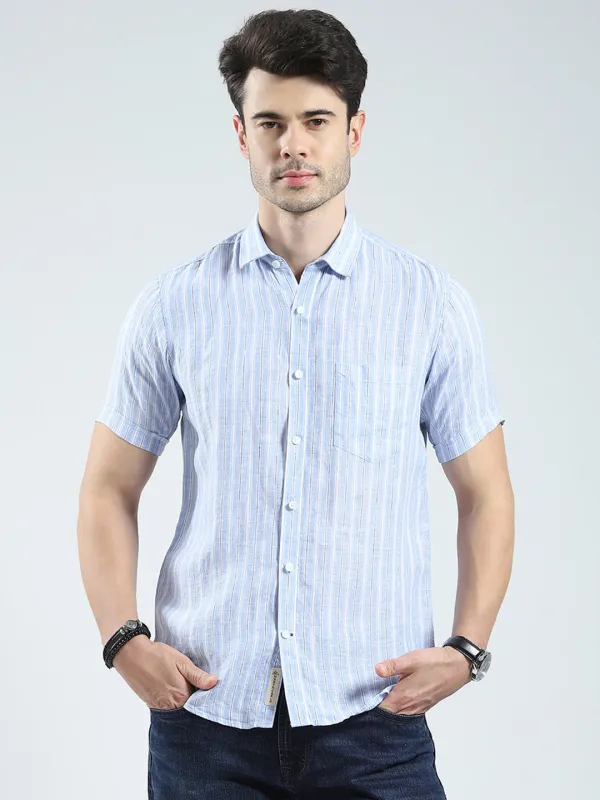 Men Blue Check Collar Half Sleeve Linen Shirt sold by Monte Carlo