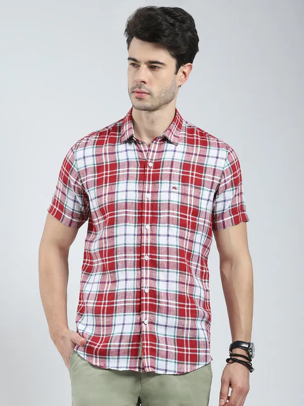 Men Red Check Collar Half Sleeve Linen Shirt sold by Monte Carlo