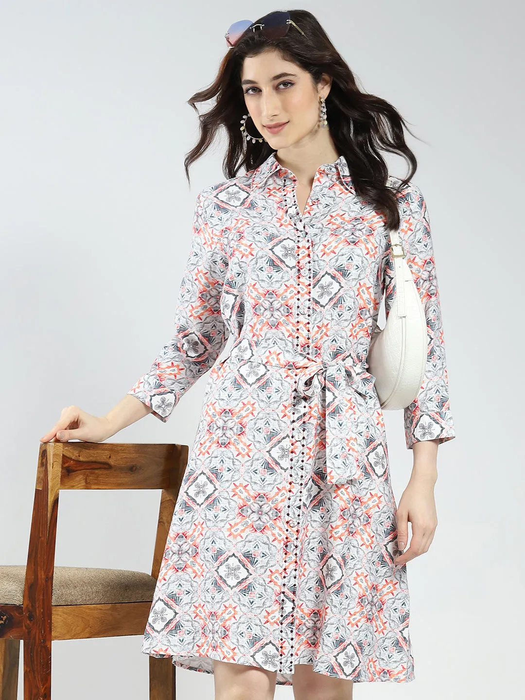 Women Grey Printed Collar 3/4th Sleeve Tunic sold by Monte Carlo