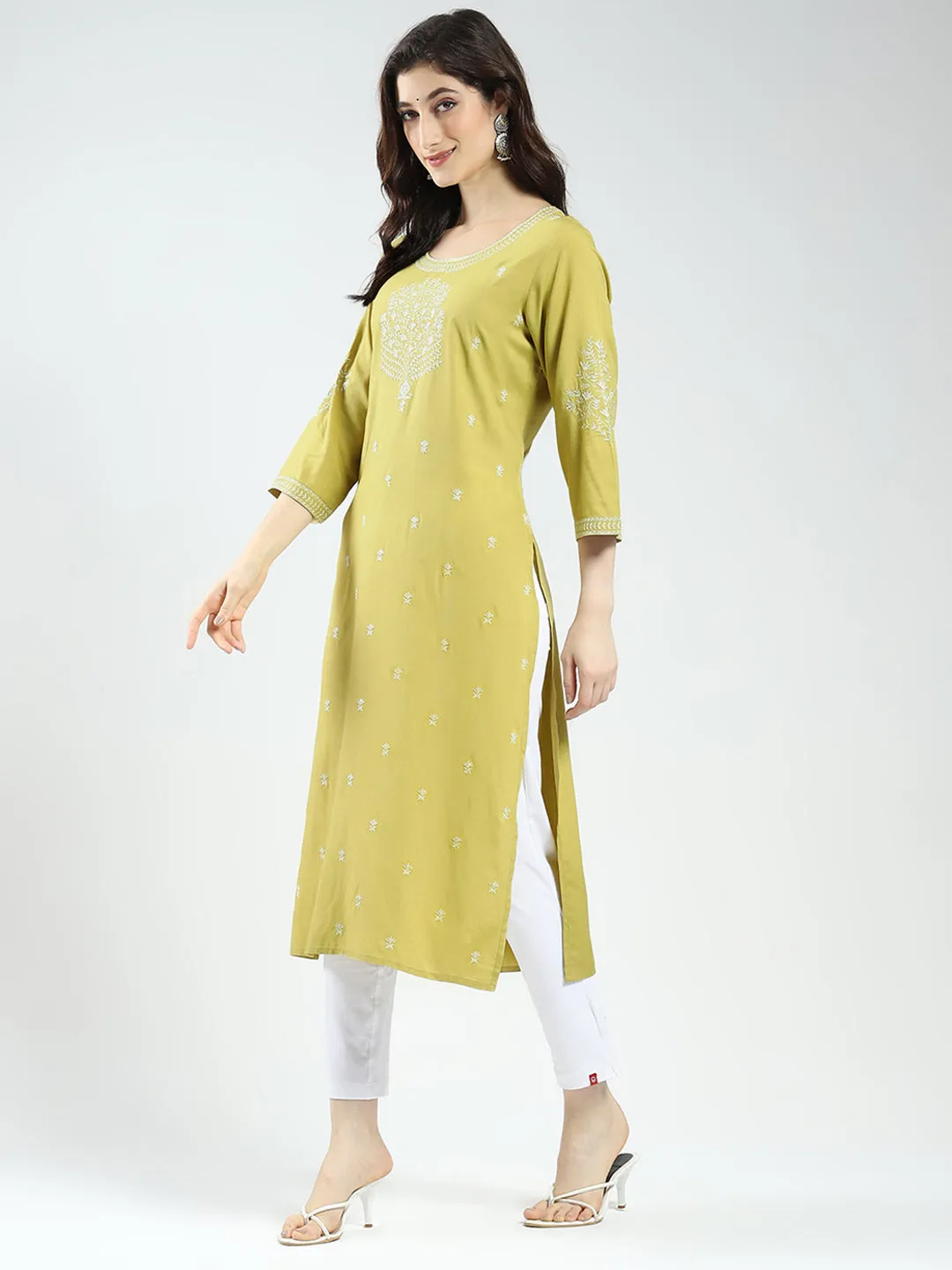Women Green Self Design Round Neck 3/4th Sleeve Kurti sold by Monte Carlo product image thumbnail 5