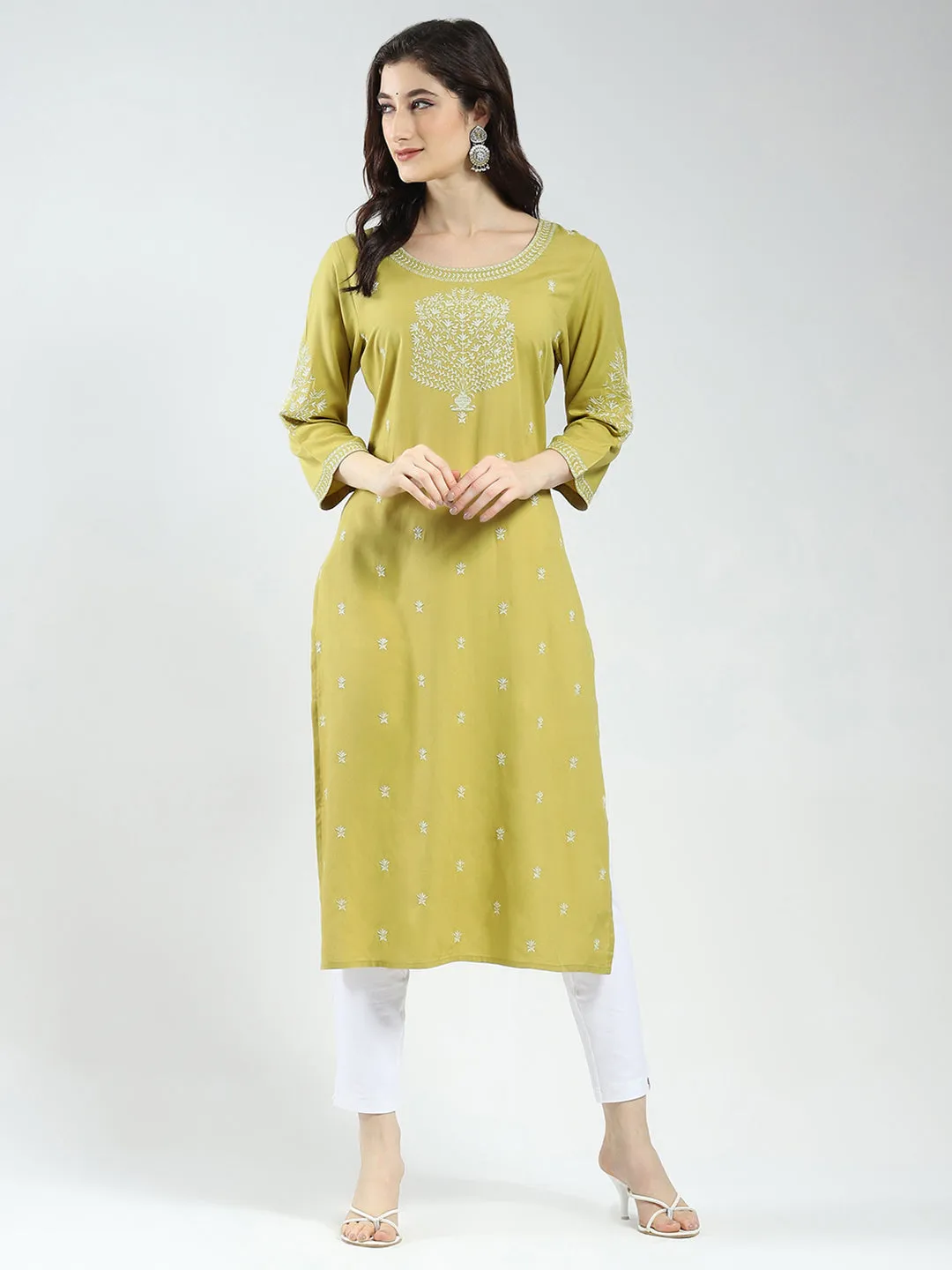 Women Green Self Design Round Neck 3/4th Sleeve Kurti sold by Monte Carlo product image thumbnail 2
