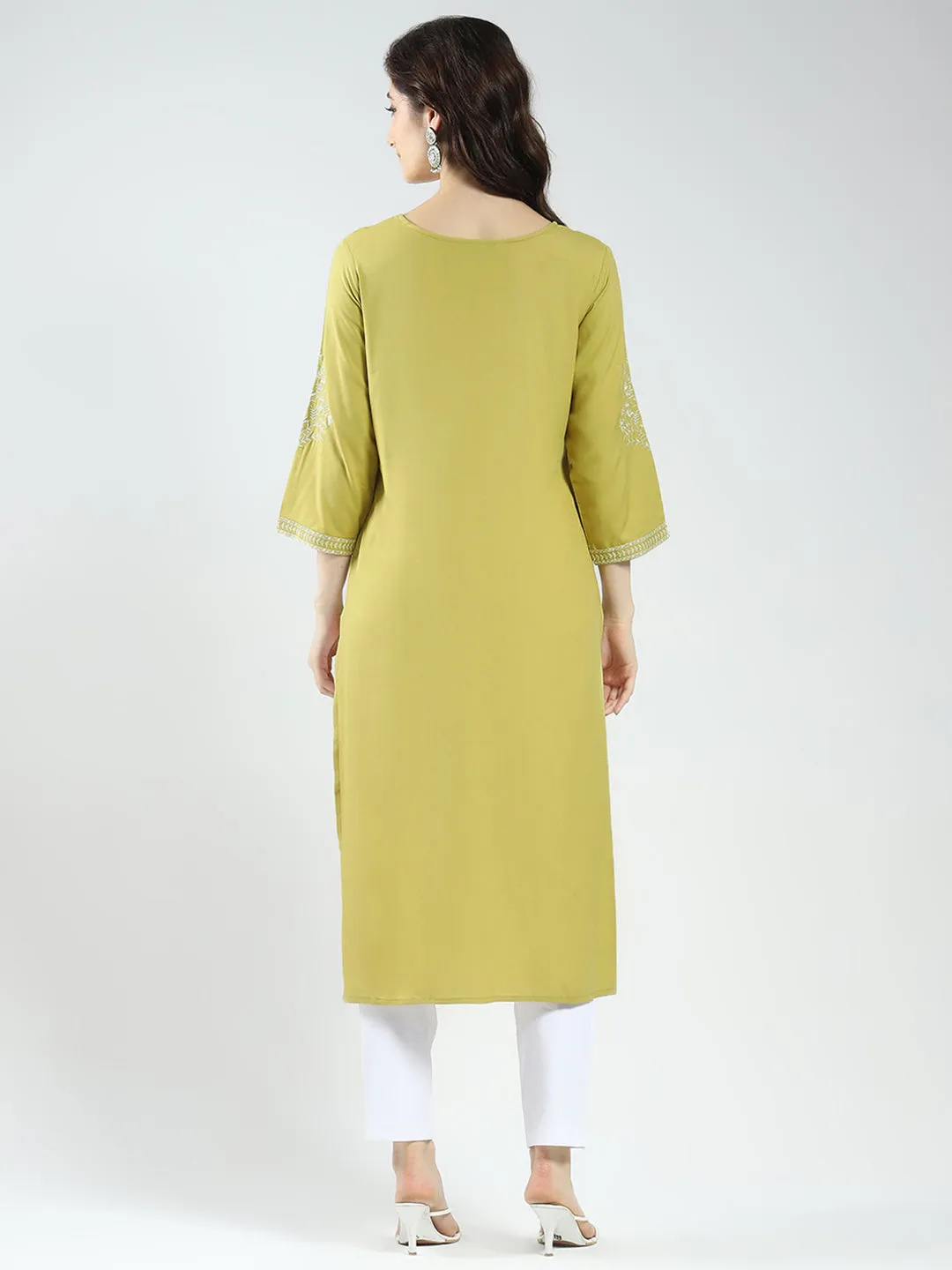 Women Green Self Design Round Neck 3/4th Sleeve Kurti sold by Monte Carlo product image thumbnail 3