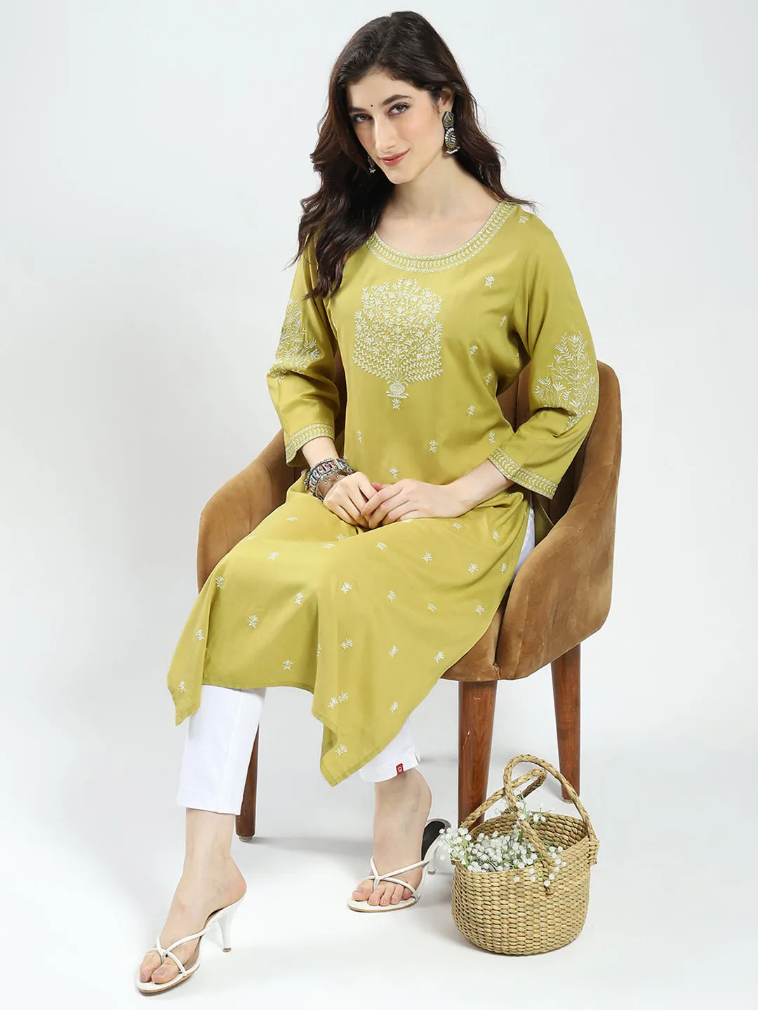 Women Green Self Design Round Neck 3/4th Sleeve Kurti sold by Monte Carlo product image thumbnail 4