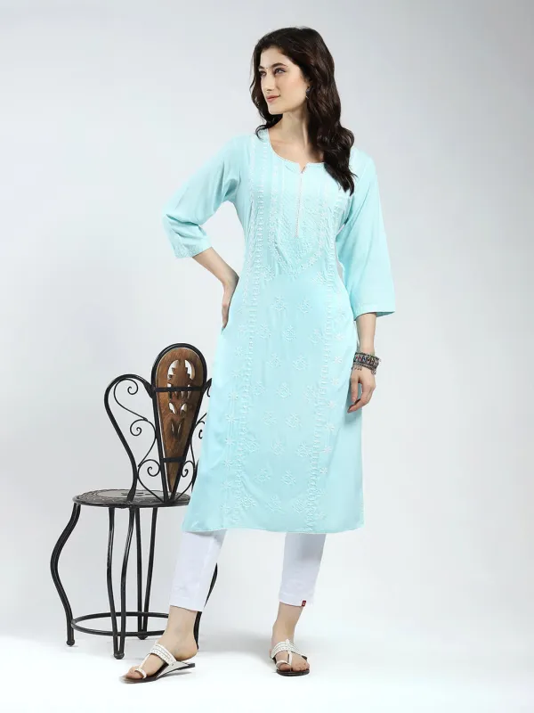 Women Blue Self Design Round Neck 3/4th Sleeve Kurti sold by Monte Carlo
