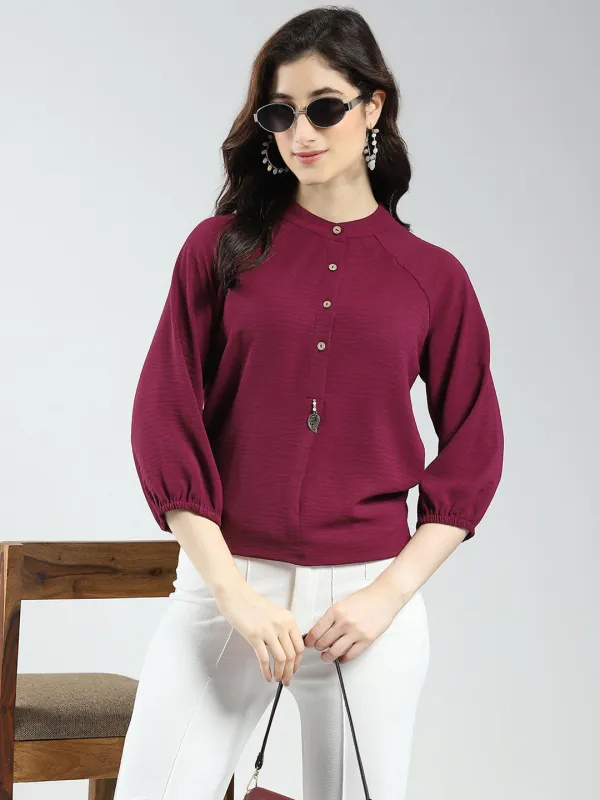 Women Maroon Solid Band Neck 3/4th Sleeve Top sold by Monte Carlo