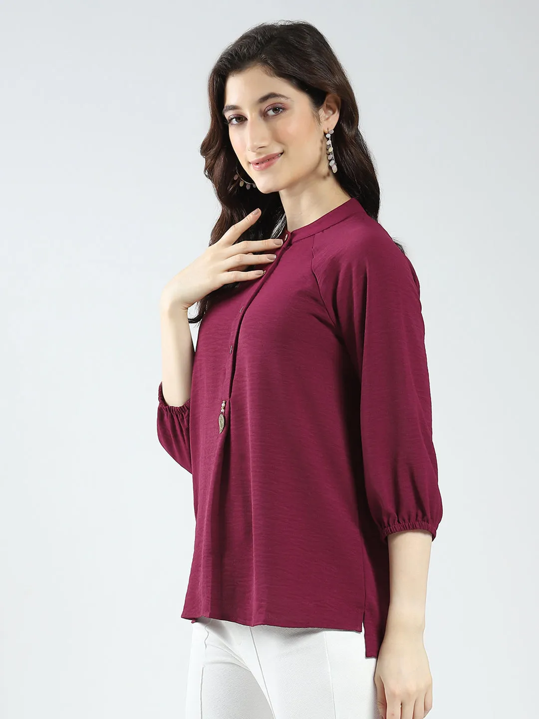 Women Maroon Solid Band Neck 3/4th Sleeve Top sold by Monte Carlo product image thumbnail 4