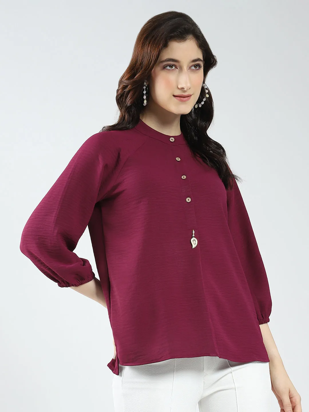 Women Maroon Solid Band Neck 3/4th Sleeve Top sold by Monte Carlo product image thumbnail 5