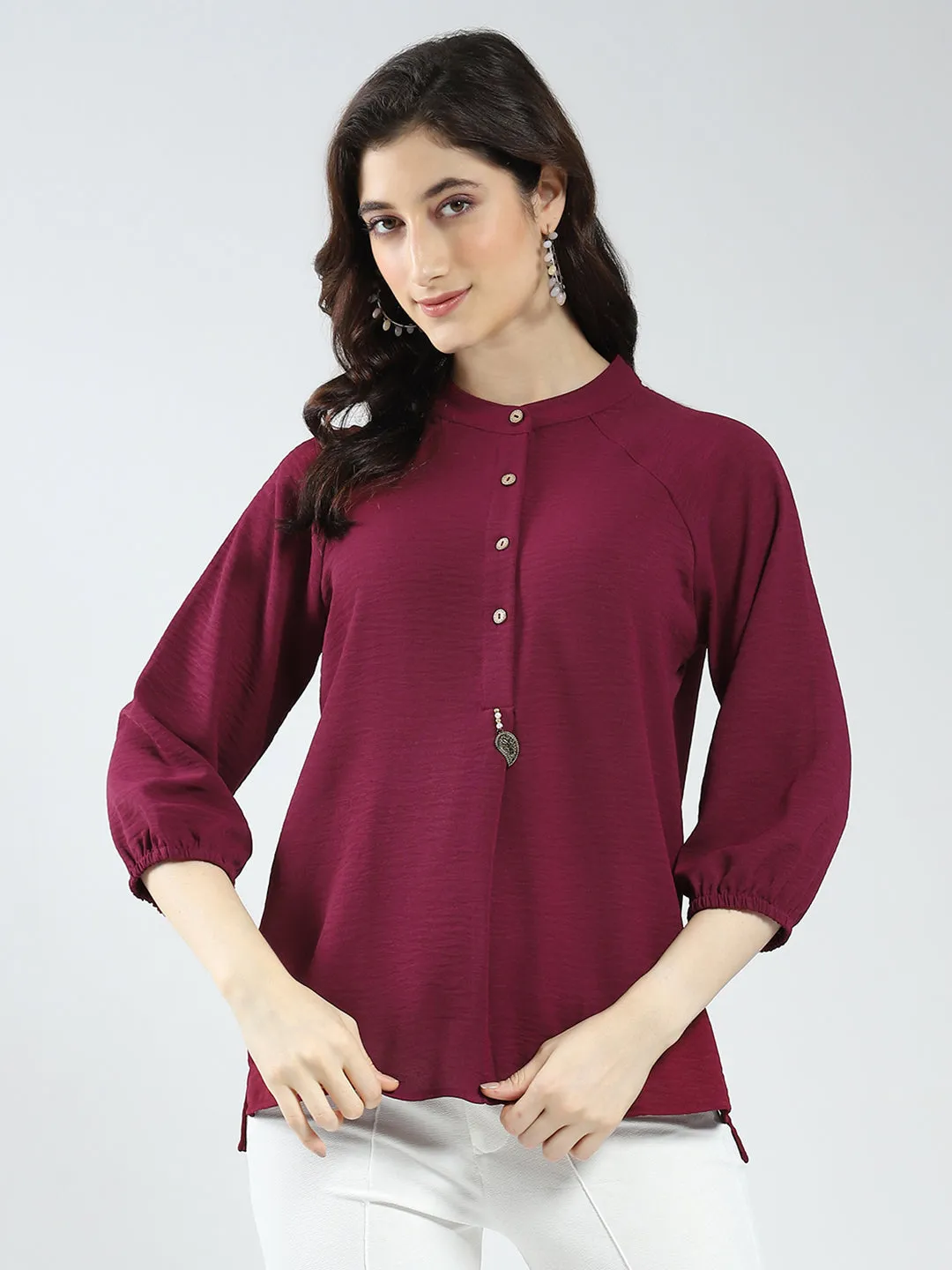 Women Maroon Solid Band Neck 3/4th Sleeve Top sold by Monte Carlo product image thumbnail 3