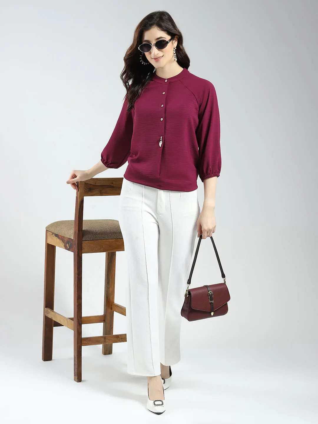 Women Maroon Solid Band Neck 3/4th Sleeve Top sold by Monte Carlo product image thumbnail 2