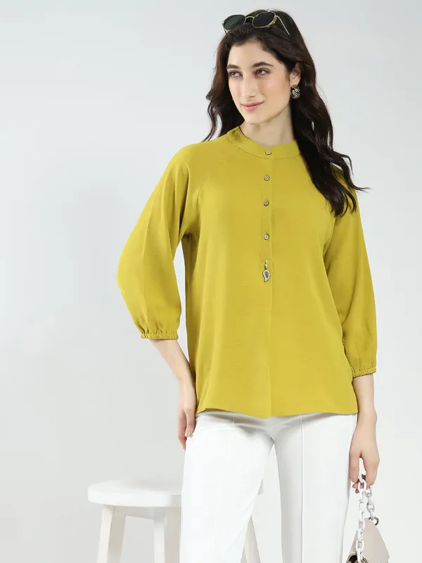 Women Mustard Solid Band Neck 3/4th Sleeve Top sold by Monte Carlo