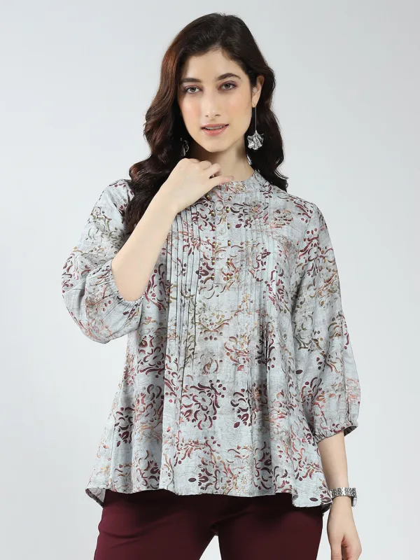 Women Grey Printed Band Neck 3/4th Sleeve Top sold by Monte Carlo