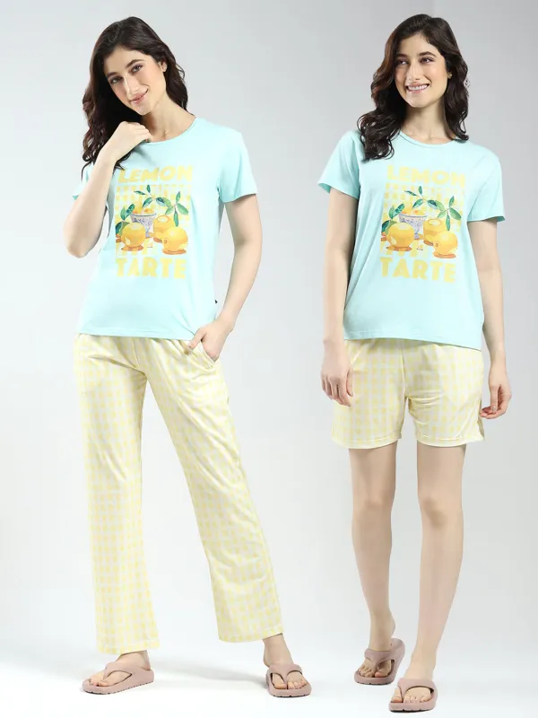 Women Blue Printed Round Neck Half Sleeve Combo 3Pc Set (T-Shirt, Shorts & Lower) sold by Monte Carlo