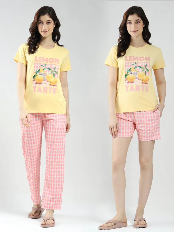 Women Yellow Printed Round Neck Half Sleeve Combo 3Pc Set (T-Shirt, Shorts & Lower) sold by Monte Carlo