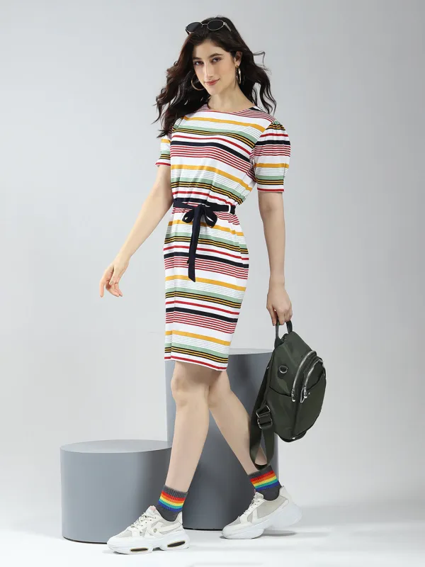 Women Multicolor Stripe Round Neck Half Sleeve Dress sold by Monte Carlo