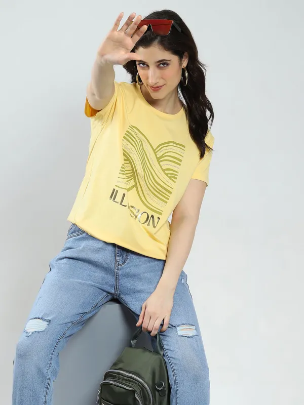 Women Yellow Printed Round Neck Half Sleeve Top sold by Monte Carlo