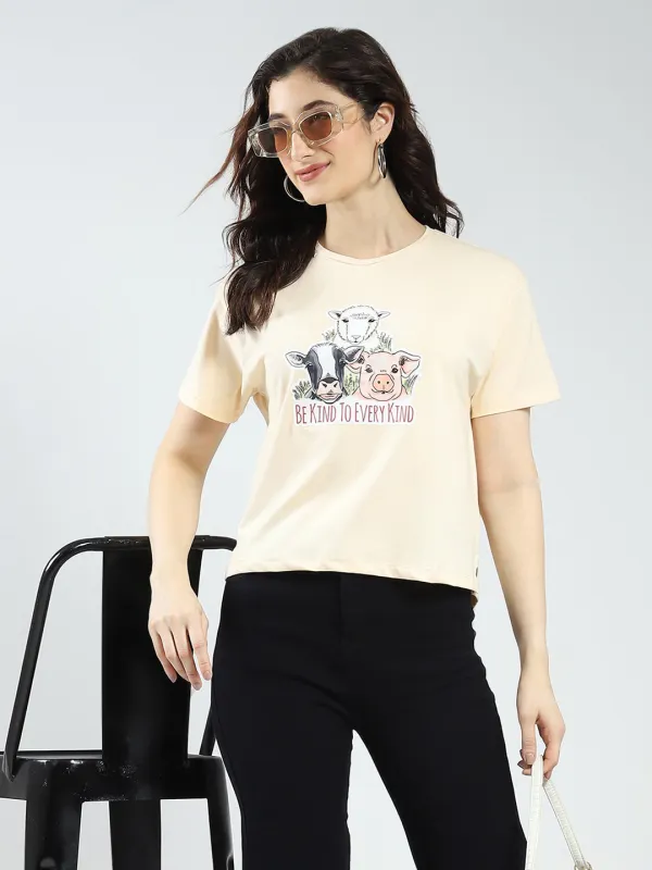 Women Beige Printed Round Neck Half Sleeve Top sold by Monte Carlo