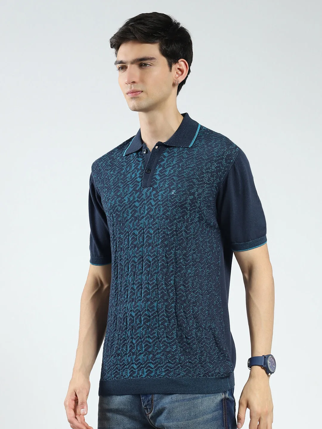 Men Navy Blue Self Design Collar Half Sleeve T-Shirt sold by Monte Carlo product image thumbnail 3