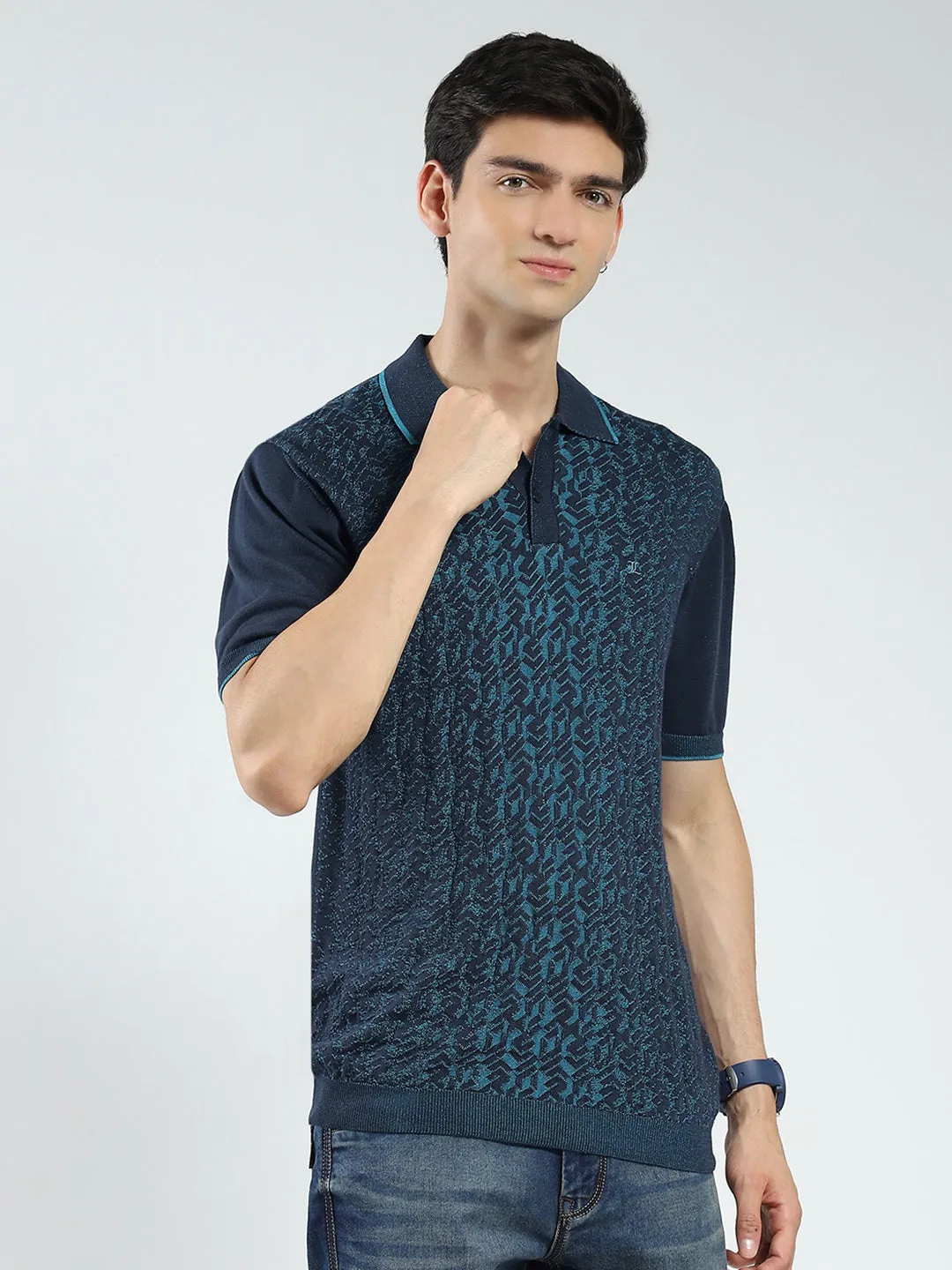 Men Navy Blue Self Design Collar Half Sleeve T-Shirt sold by Monte Carlo product image thumbnail 4