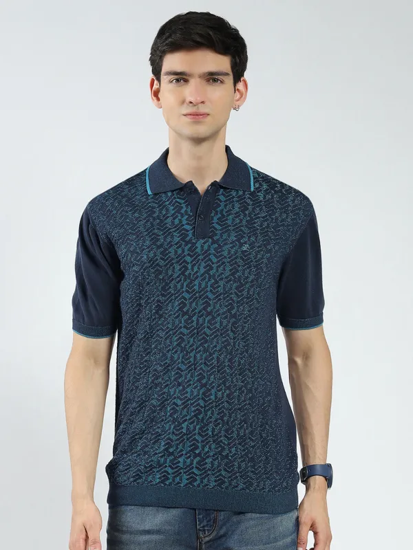Men Navy Blue Self Design Collar Half Sleeve T-Shirt made by Monte Carlo