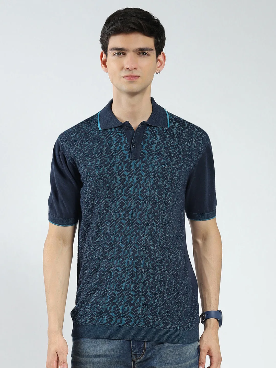 Men Navy Blue Self Design Collar Half Sleeve T-Shirt sold by Monte Carlo