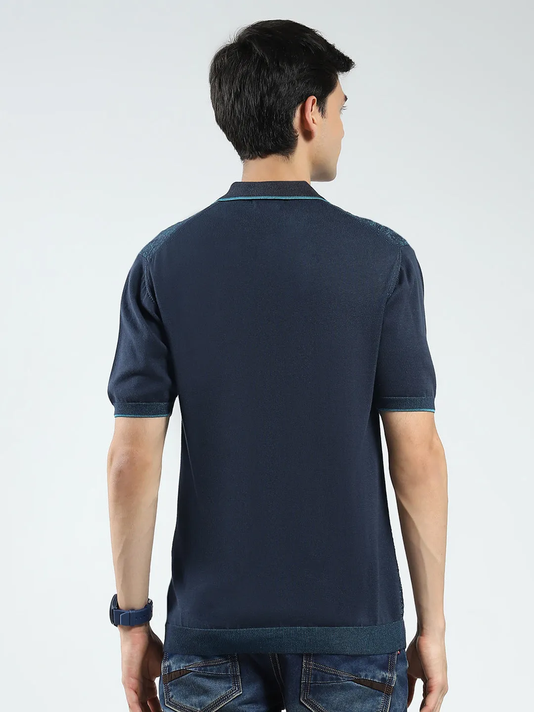 Men Navy Blue Self Design Collar Half Sleeve T-Shirt sold by Monte Carlo product image thumbnail 5