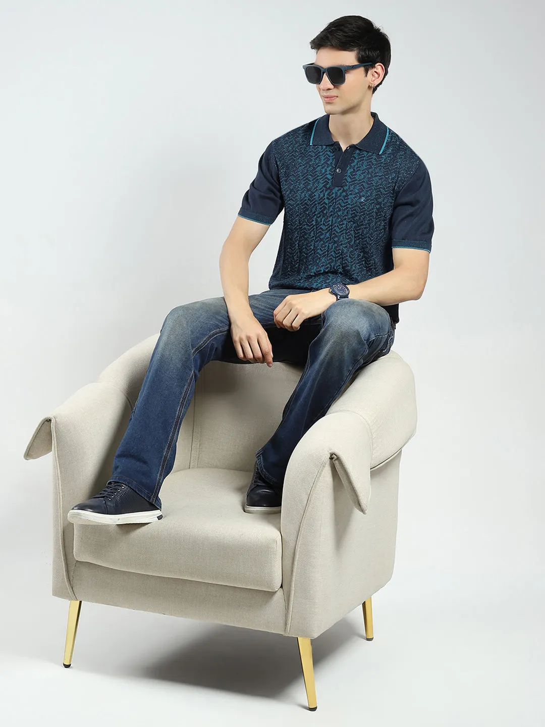 Men Navy Blue Self Design Collar Half Sleeve T-Shirt sold by Monte Carlo product image thumbnail 2