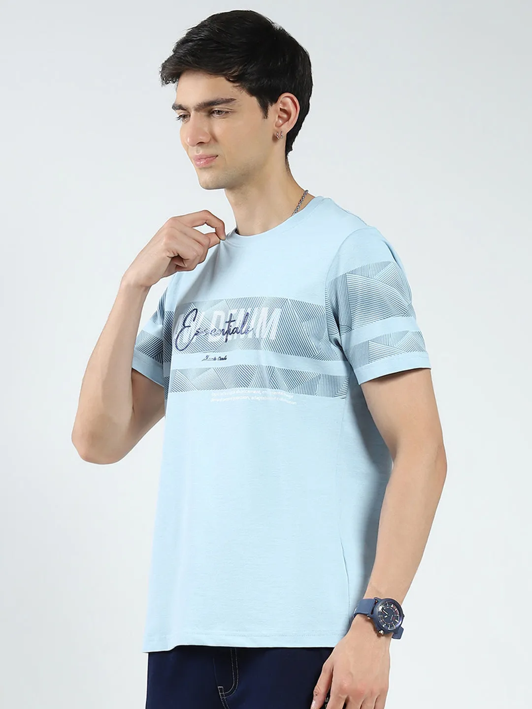 Men Blue Printed Round Neck Half Sleeve T-Shirt sold by Monte Carlo product image thumbnail 3