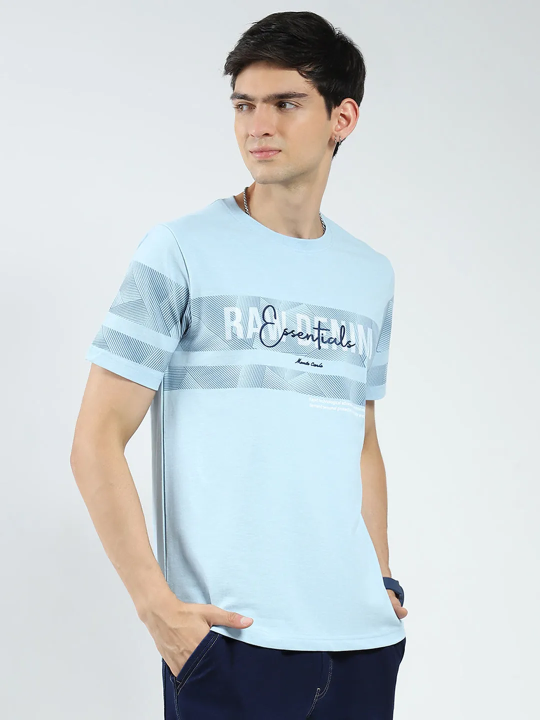 Men Blue Printed Round Neck Half Sleeve T-Shirt sold by Monte Carlo product image thumbnail 4