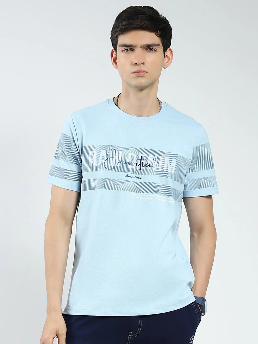 Men Blue Printed Round Neck Half Sleeve T-Shirt sold by Monte Carlo