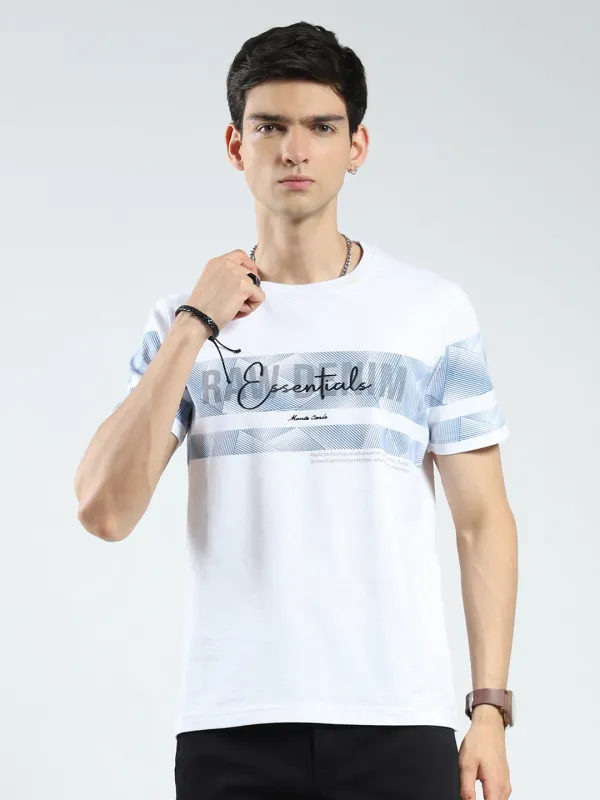 Men White Printed Round Neck Half Sleeve T-Shirt sold by Monte Carlo