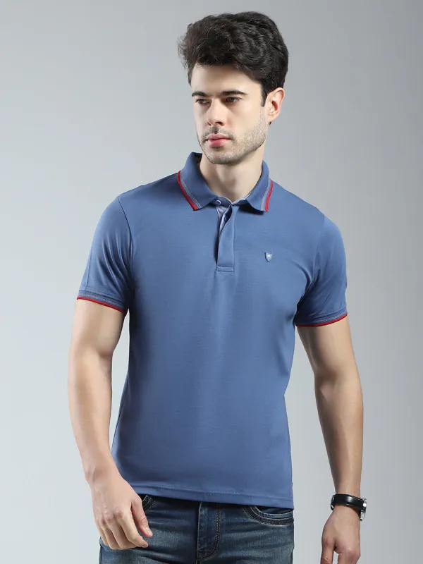 Men Blue Solid Collar Half Sleeve T-Shirt made by Monte Carlo