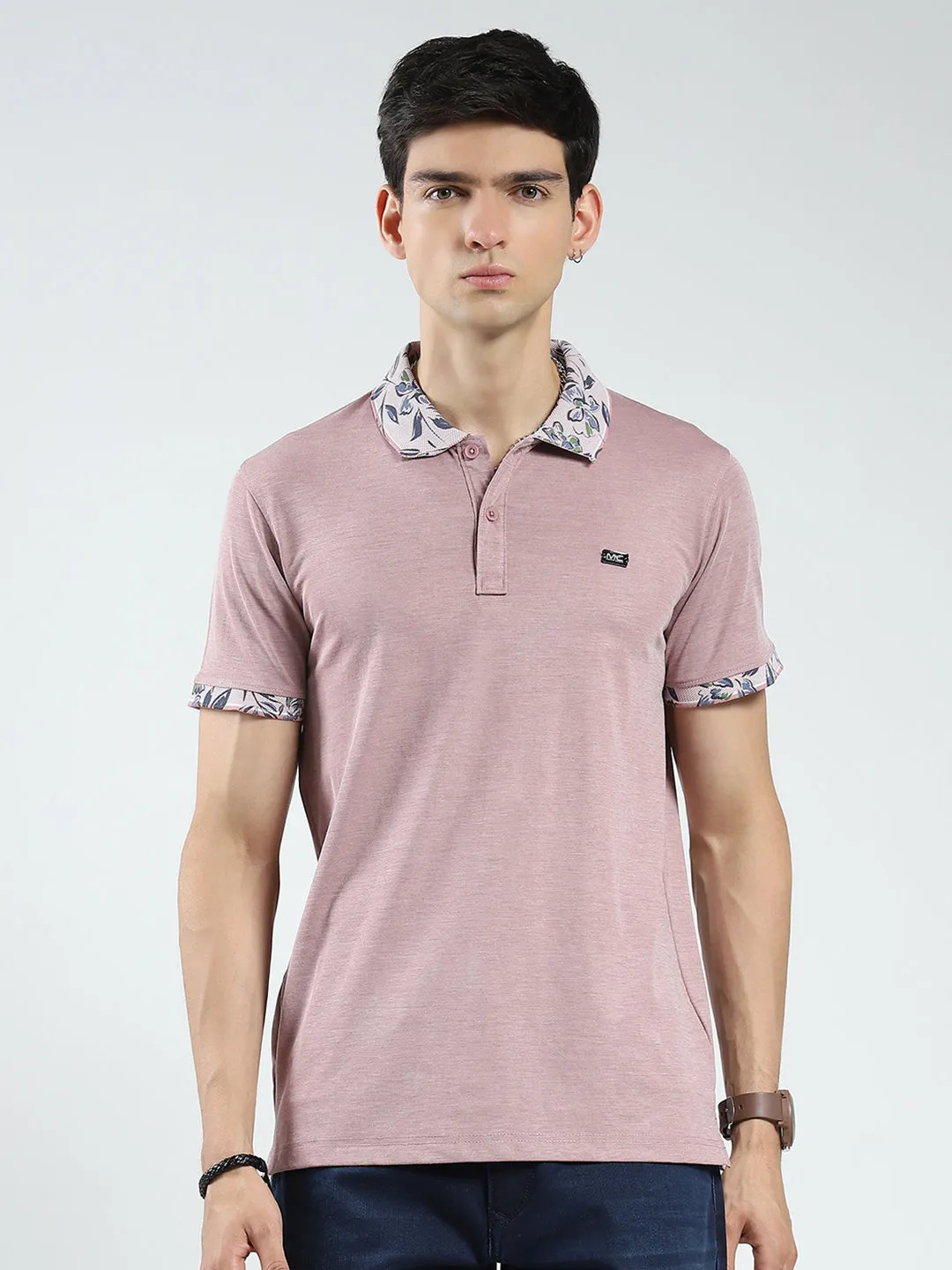 Men Pink Printed Collar Half Sleeve T-Shirt sold by Monte Carlo