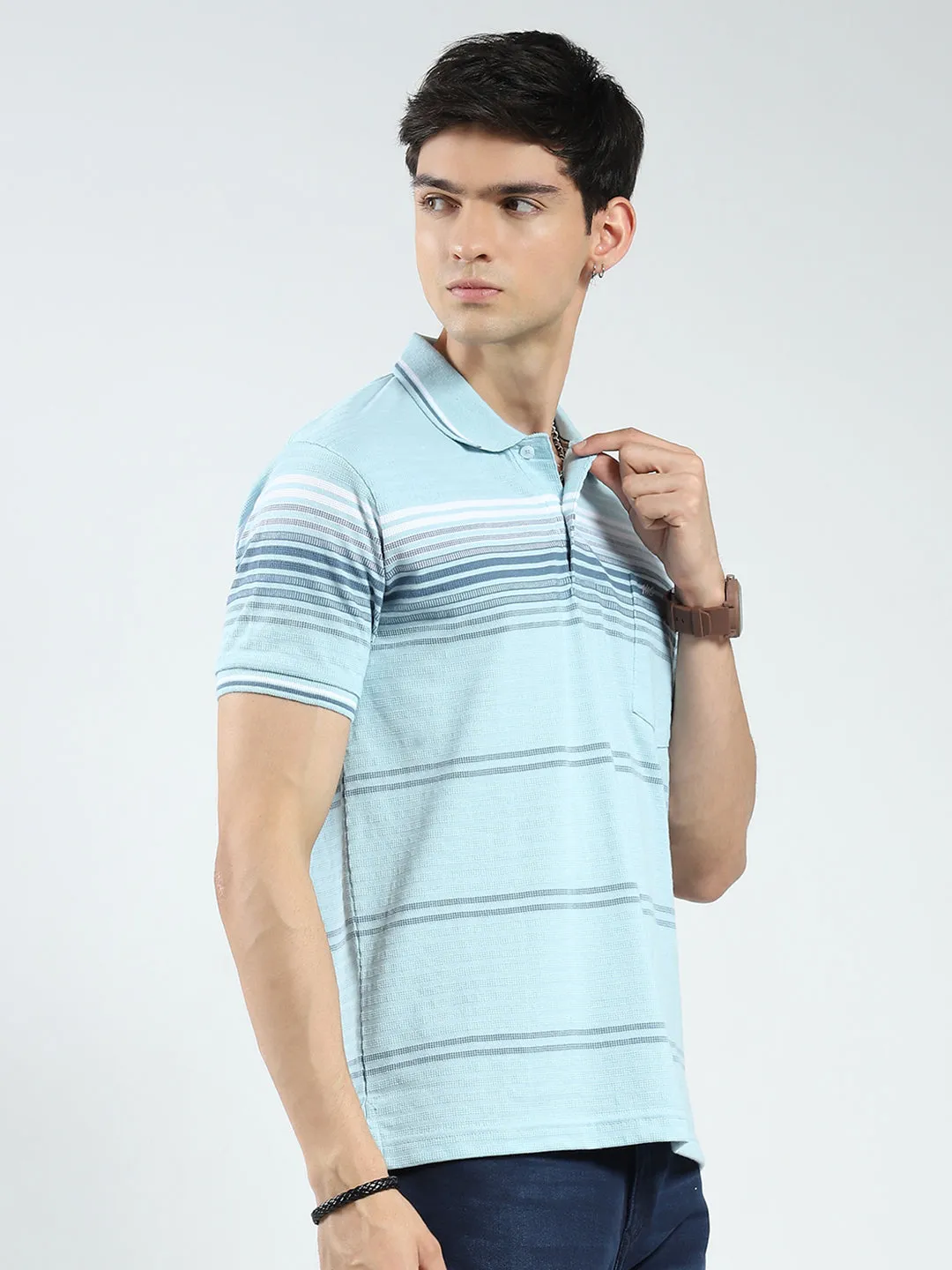 Men Green Stripe Collar Half Sleeve T-Shirt sold by Monte Carlo product image thumbnail 4