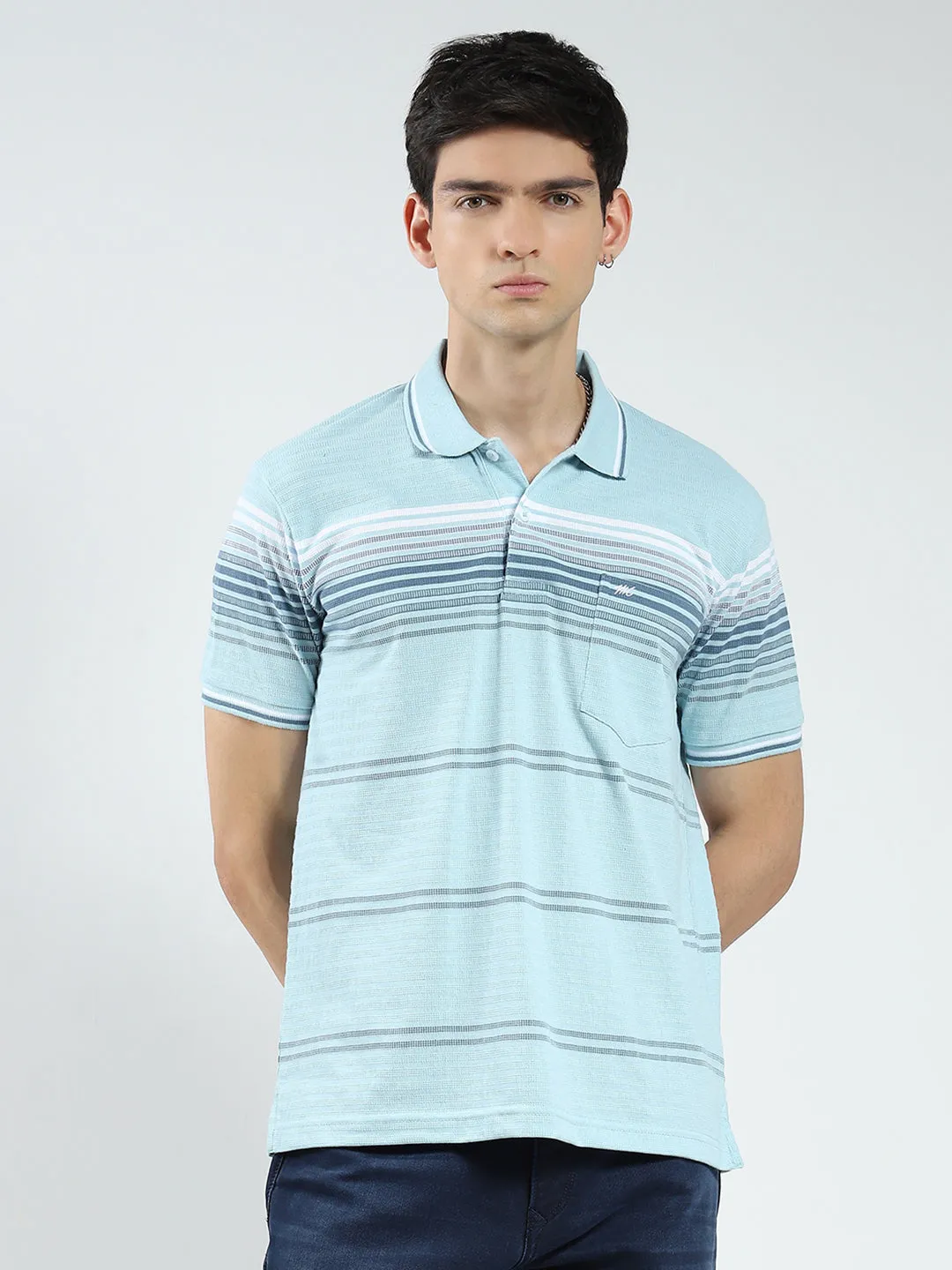 Men Green Stripe Collar Half Sleeve T-Shirt sold by Monte Carlo