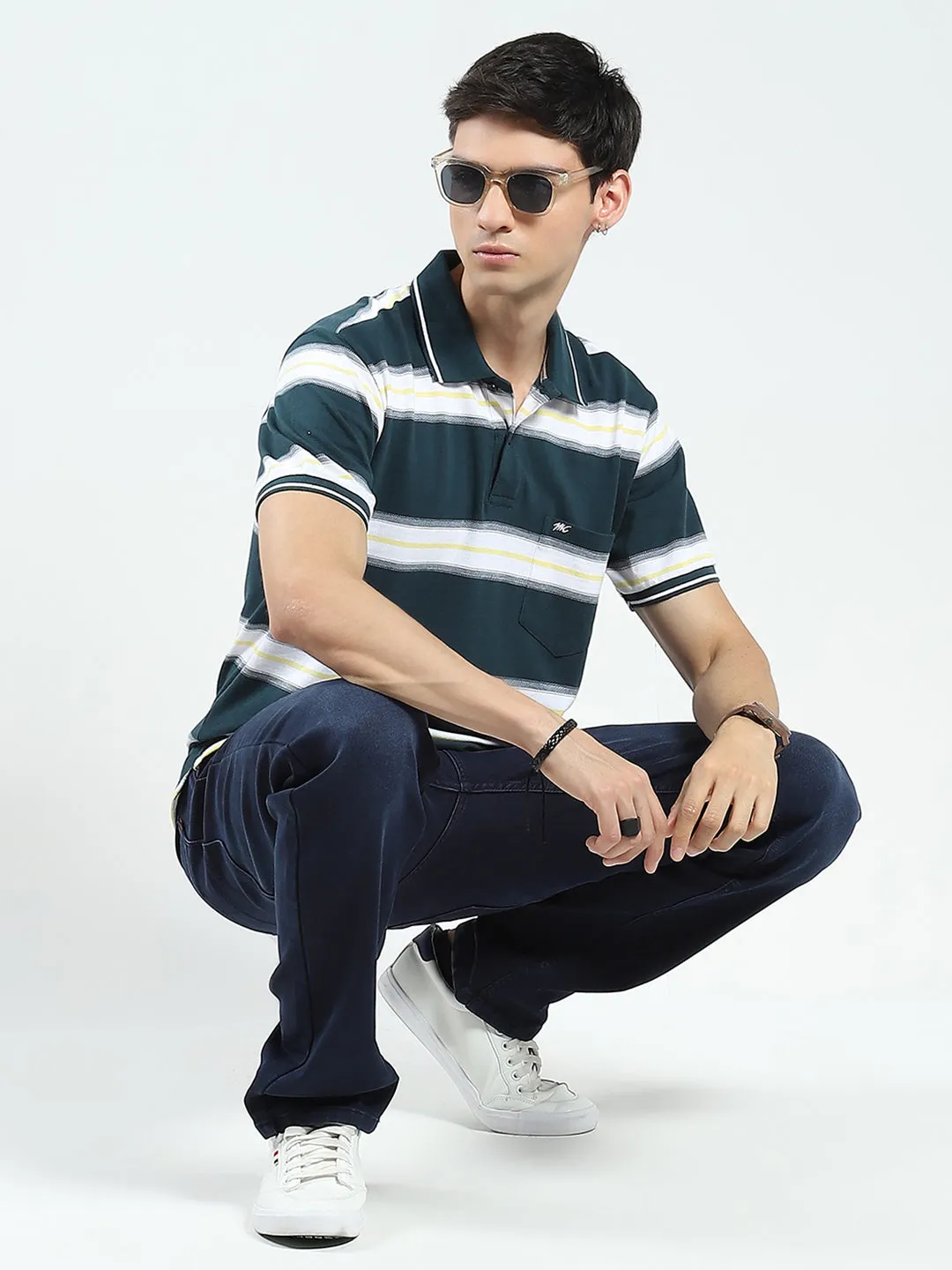 Men Green Stripe Collar Half Sleeve T-Shirt sold by Monte Carlo product image thumbnail 2