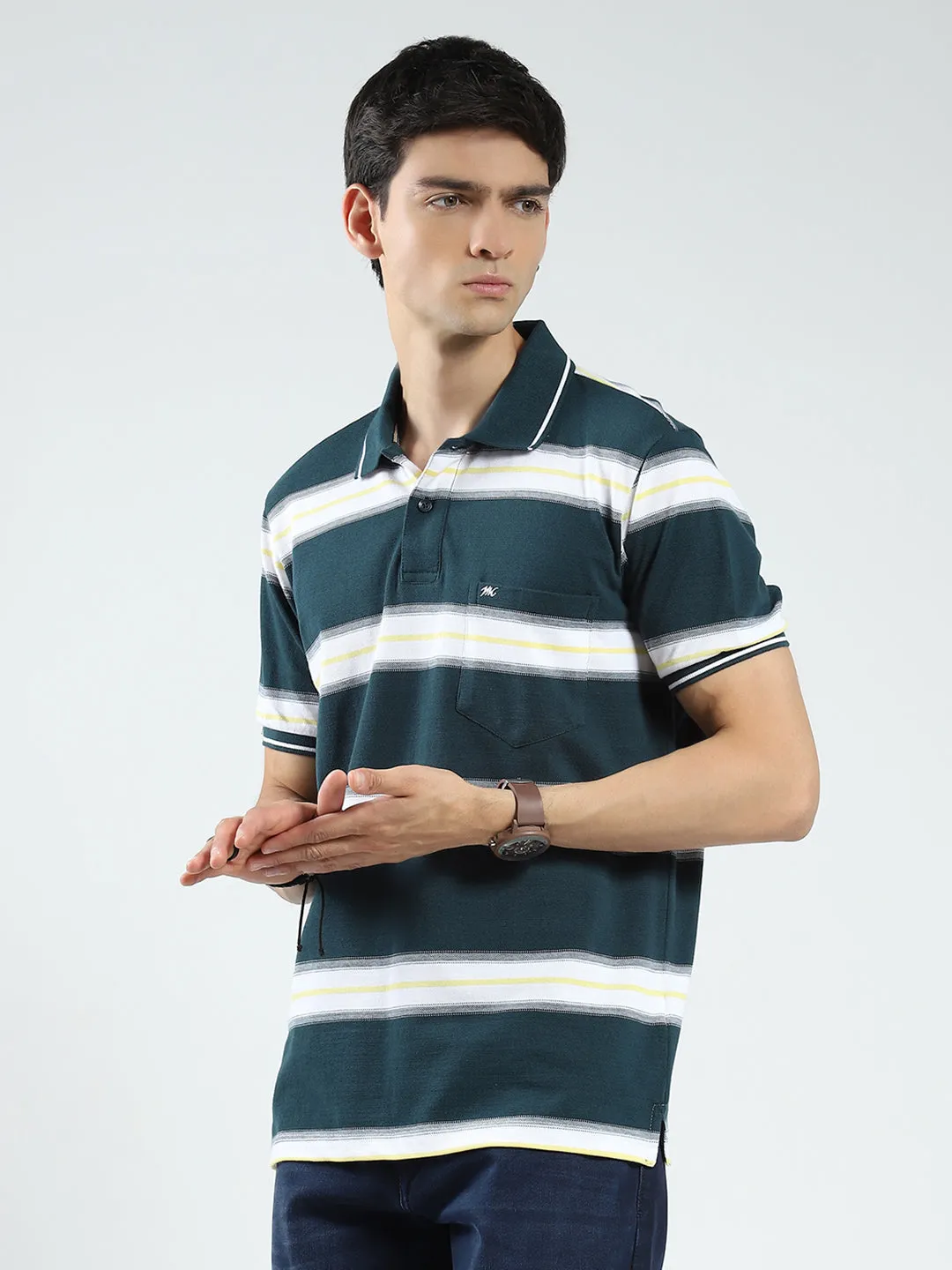 Men Green Stripe Collar Half Sleeve T-Shirt sold by Monte Carlo product image thumbnail 3