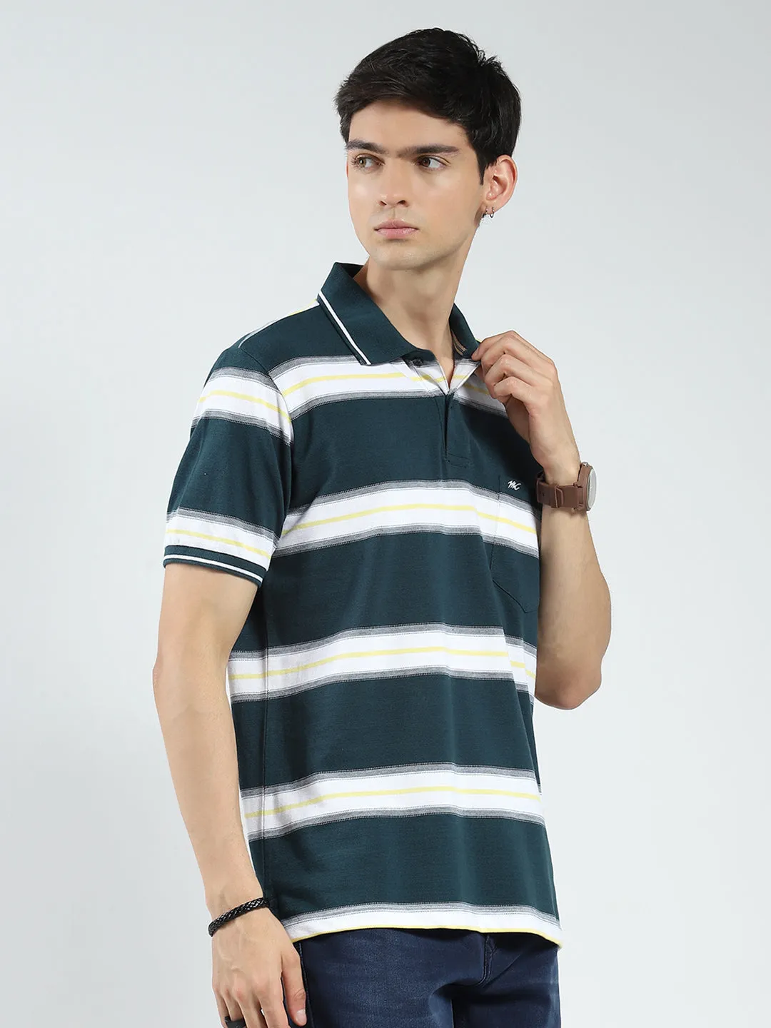 Men Green Stripe Collar Half Sleeve T-Shirt sold by Monte Carlo product image thumbnail 4