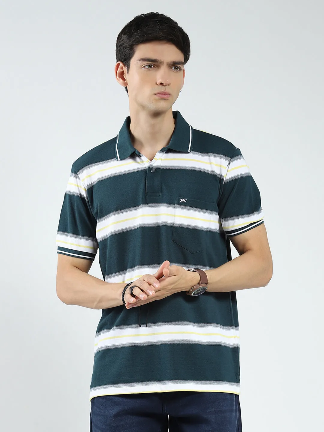 Men Green Stripe Collar Half Sleeve T-Shirt sold by Monte Carlo