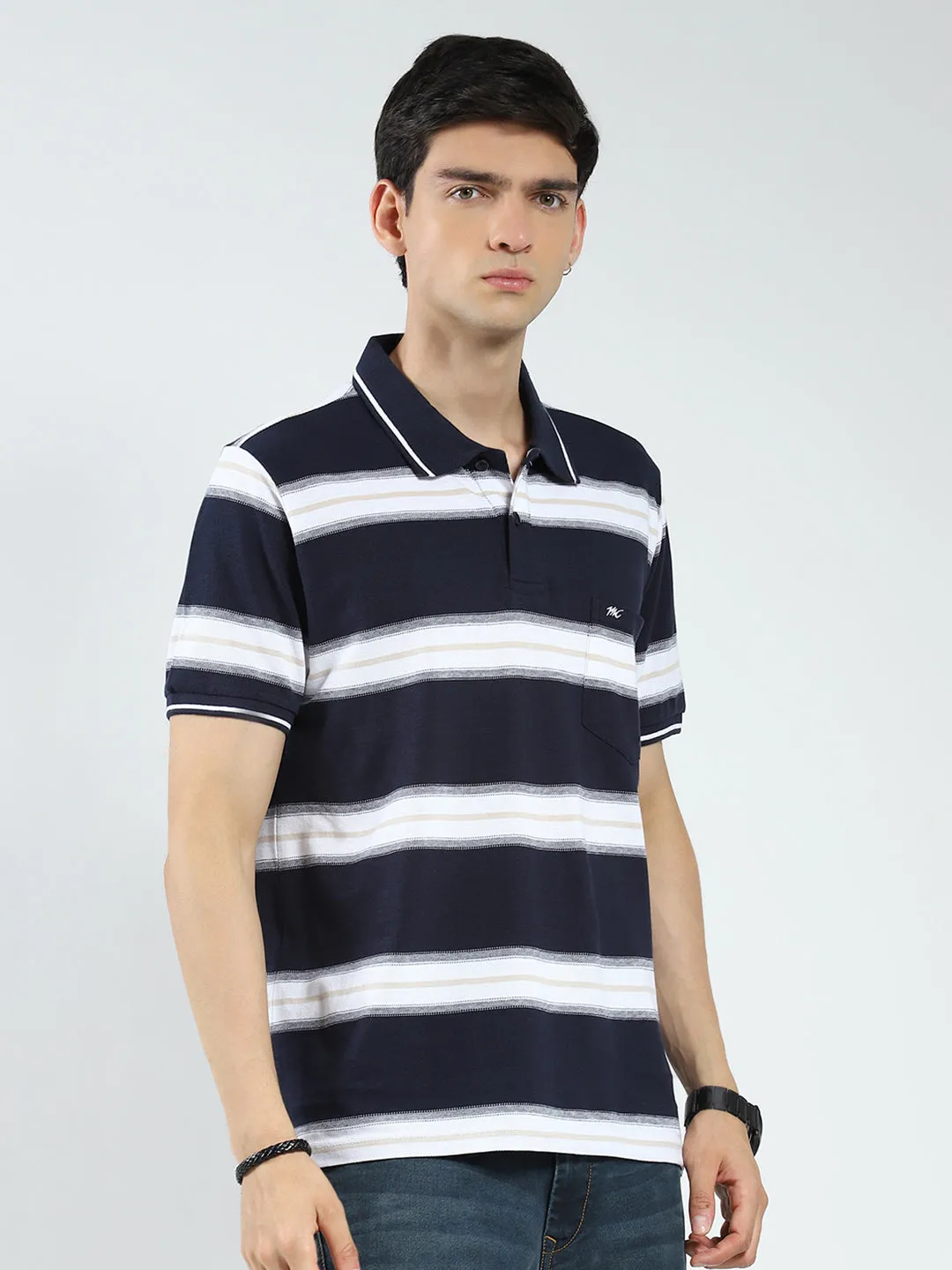Men Navy Blue Stripe Collar Half Sleeve T-Shirt sold by Monte Carlo product image thumbnail 4